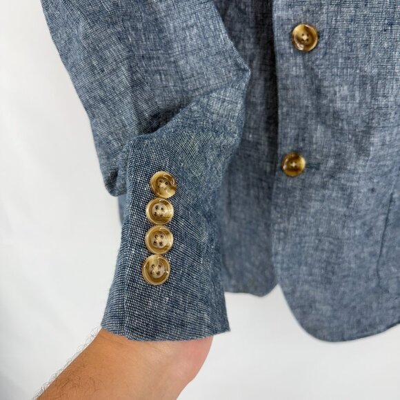 J Crew Men 42R Linen Blazer 2 Button Travel Commute Blue Textured Woven Coat - Picture 2 of 12